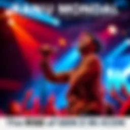 Ranu Mondal performing passionately on stage with a microphone, surrounded by fans cheering
