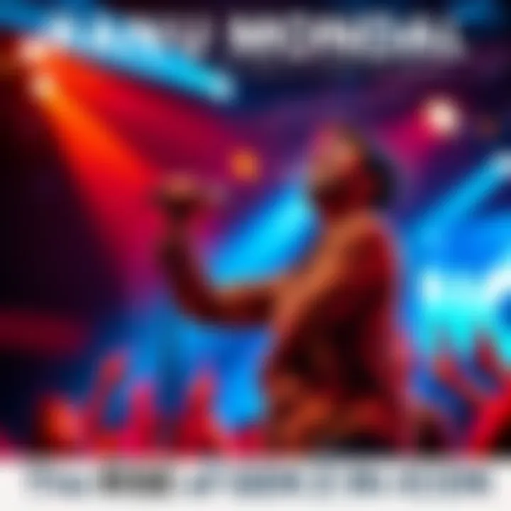 Ranu Mondal performing passionately on stage with a microphone, surrounded by fans cheering