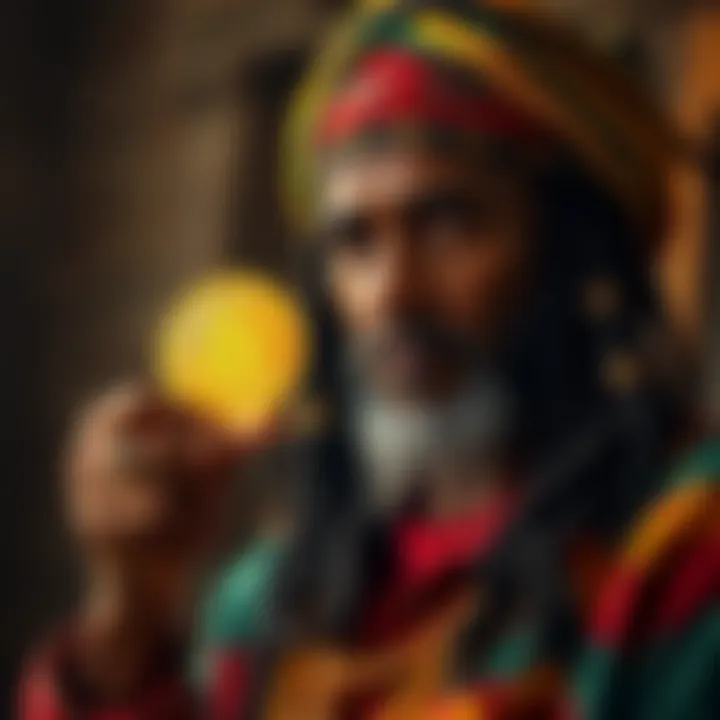 A Rastafarian man wearing traditional clothing, holding a Bitcoin symbol with a thoughtful expression.