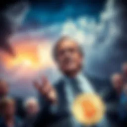 Ray Dalio Warns Bitcoin Holders Ray Dalio speaking to a crowd about financial challenges and Bitcoin risks, with a backdrop of financial graphs and storm clouds