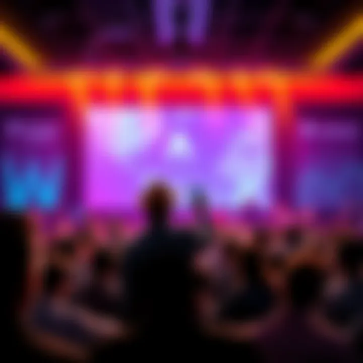 Ray Youssef, known as The War Chief, giving a speech at MoneroTopia26 conference before his arrest, surrounded by an audience and crypto banners.