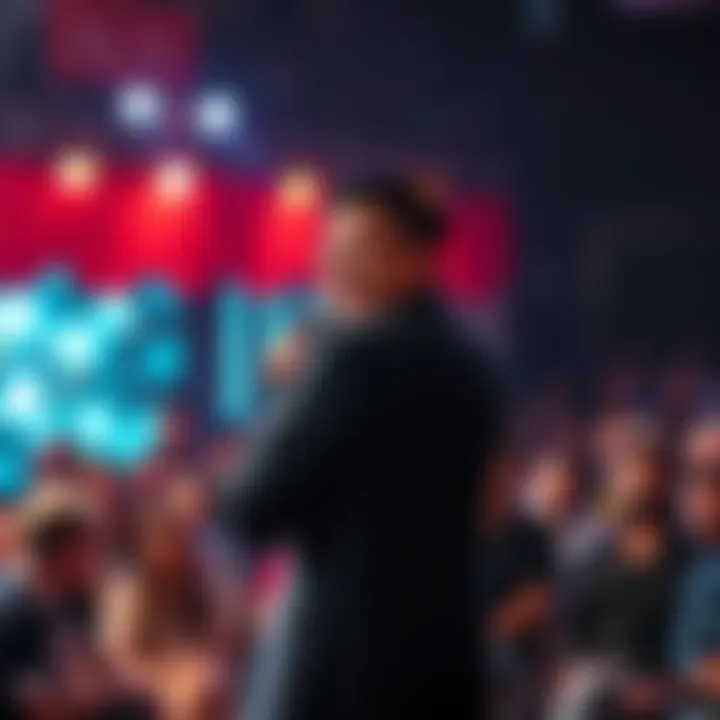 Comedian Ray Lau on Stage Ray Lau performing standup comedy while mentioning Zcash to an engaged audience