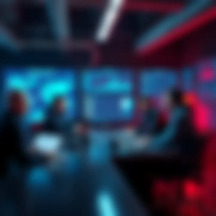 A meeting of developers discussing Cardano and .NET technology with laptops and charts in a tech environment