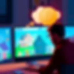 A person looking at a computer screen displaying houses on Zillow, with a thought bubble showing digital coins representing cryptocurrency.