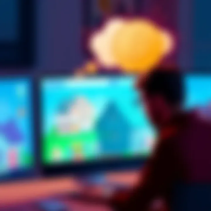 A person looking at a computer screen displaying houses on Zillow, with a thought bubble showing digital coins representing cryptocurrency.