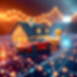 Illustration showing real world assets like a house, car, and gold overlaid on the Dogecoin Layer 1 blockchain graphic