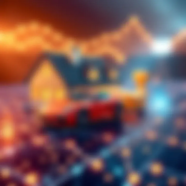 Illustration showing real world assets like a house, car, and gold overlaid on the Dogecoin Layer 1 blockchain graphic