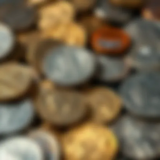 A close-up of various coins recovered from the World Trade Center site after 9/11, showcasing their unique designs and conditions.