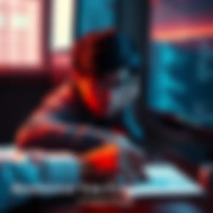 A person looking at a computer screen, worried about their forgotten recovery phrase, with a notepad and pen nearby to write down ideas.