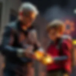 Reed Richards, a tall man with gray hair, uses his powers to help a young child with glowing hands, showcasing support for mutants.
