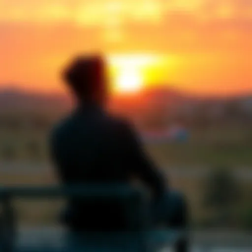 A person sitting on a bench looking at a sunset, symbolizing nostalgia and lost hope, with a thoughtful expression.