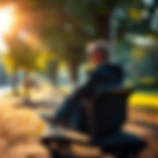 A person sitting on a park bench, looking thoughtful as they reflect on important life lessons, surrounded by trees and sunlight