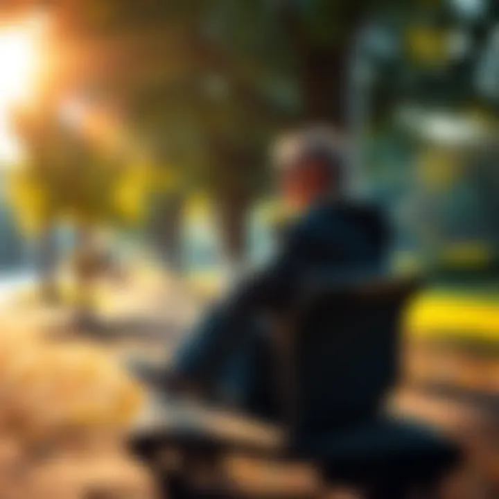 Reflection on Life Lessons A person sitting on a park bench, looking thoughtful as they reflect on important life lessons, surrounded by trees and sunlight