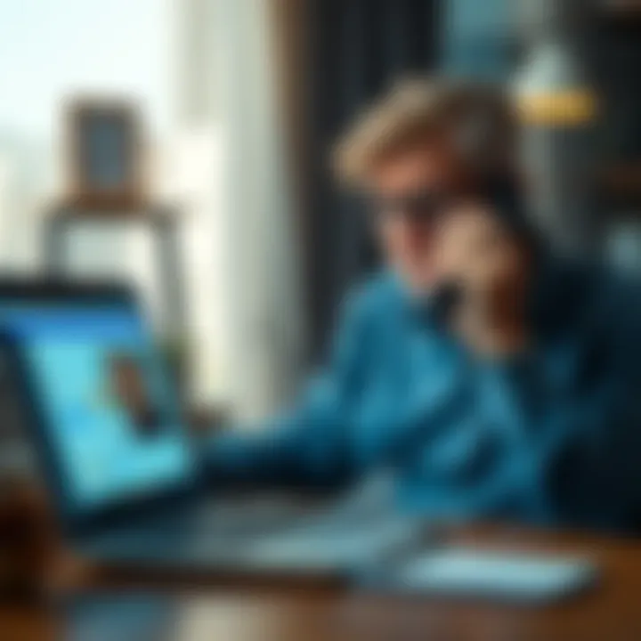 A person on the phone looking frustrated while trying to cancel a subscription service, with a laptop open showing customer service chat.