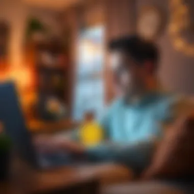 A calm person reviews Bitcoin prices on a laptop, surrounded by a cozy home environment, showing a stress-free investment vibe