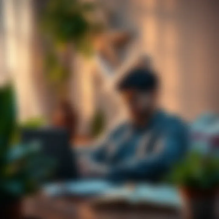 A calm individual checking financial options on a laptop in a cozy setting with plants around
