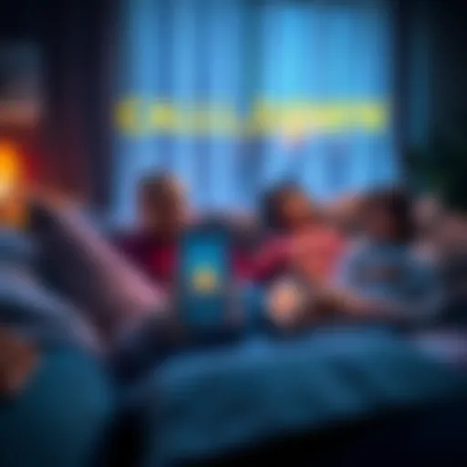A person sitting on a couch with family, enjoying time together while ignoring a phone displaying Bitcoin charts