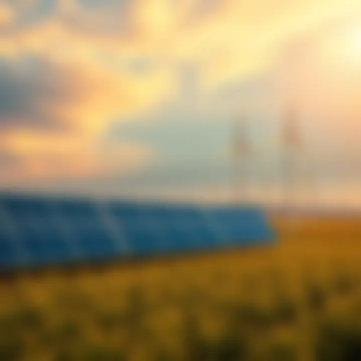 A field with solar panels and wind turbines promoting renewable energy