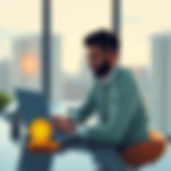 A person sitting at a table with a laptop and Bitcoin symbol, looking at rental property listings, contemplating financial choices.