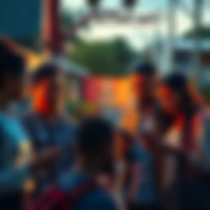 People in a neighborhood discussing suspicious activity while holding smartphones and looking concerned.