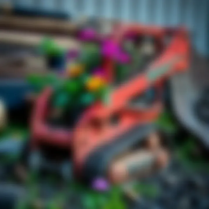 Repurposed Bobcat Miner Old Bobcat miner transformed into a garden planter filled with flowers.