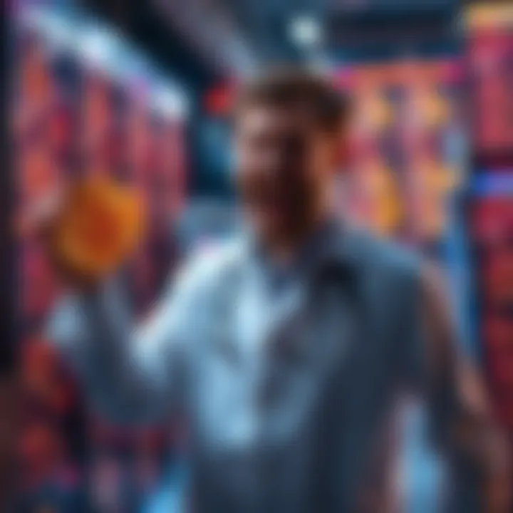 A researcher celebrating after breaking a 15-bit elliptic curve key on a quantum computer, holding a symbol of Bitcoin in one hand.