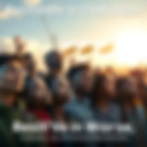 A group of diverse people reflecting on recent events, showing determination and hope for the future, with a bright sky in the background.