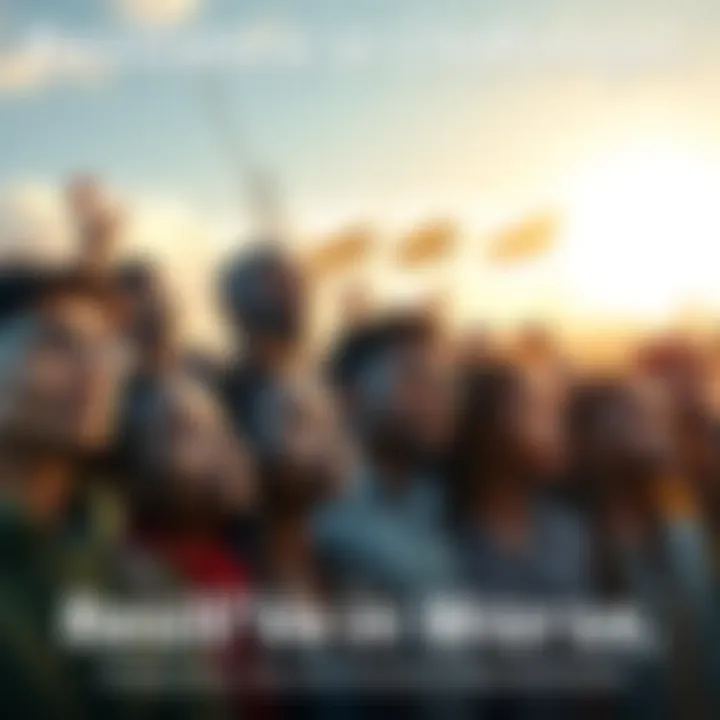 A group of diverse people reflecting on recent events, showing determination and hope for the future, with a bright sky in the background.