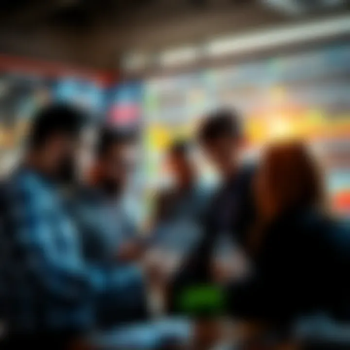 A group of retail investors looking at stock charts and discussing market strategies in an office setting.