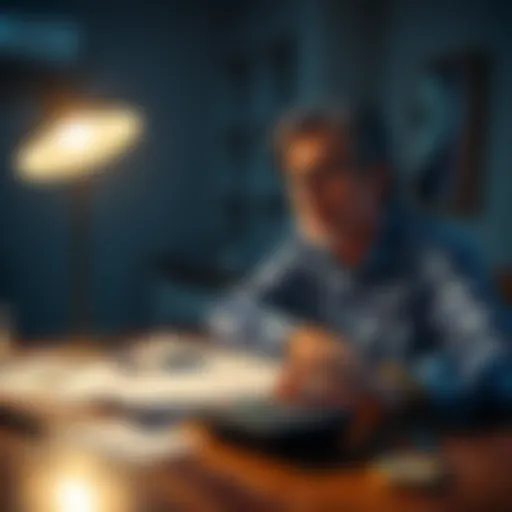 A thoughtful person considering unique retirement strategies, with financial documents and a calculator on a table.