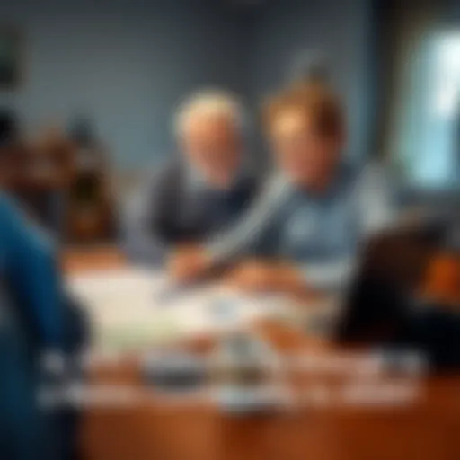 A happy couple discussing retirement plans over a table filled with financial documents and a laptop, indicating financial preparation for the future.