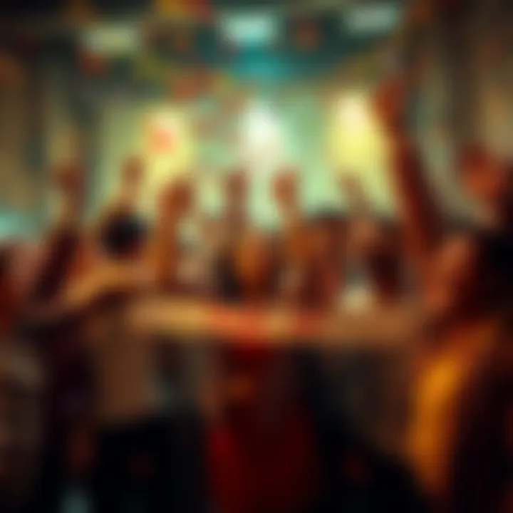 Celebration of Return to Top Rankings A group of diverse people celebrating with confetti and a banner that says 'Top 40' in a festive atmosphere.