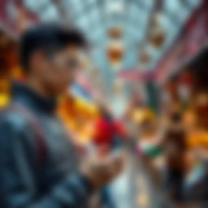 A traveler using a Revolut card and Apple Pay on a smartphone while standing in a bustling market in Kazakhstan.