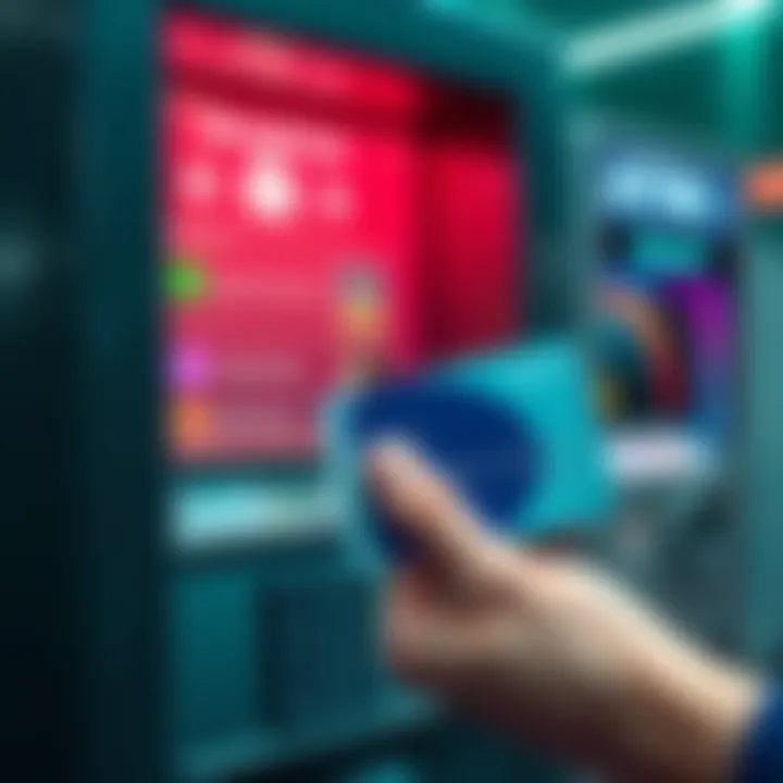 A hand holding a Revolut card next to an ATM displaying cash withdrawal options