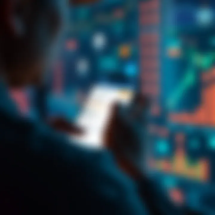 A person analyzing user reviews of the Revolut app on a smartphone, with financial icons in the background