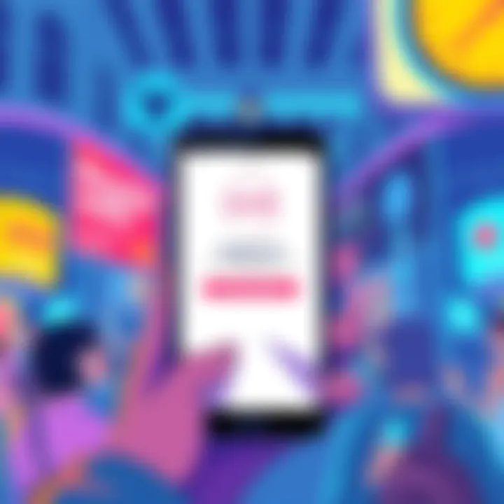 Illustration showing a smartphone displaying the Revolut app with a waitlist notification and people looking at their phones in anticipation.