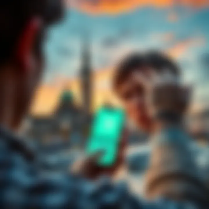 A worried person looking at a smartphone displaying the Revolut app with a backdrop of German landmarks, symbolizing banking issues and data privacy.