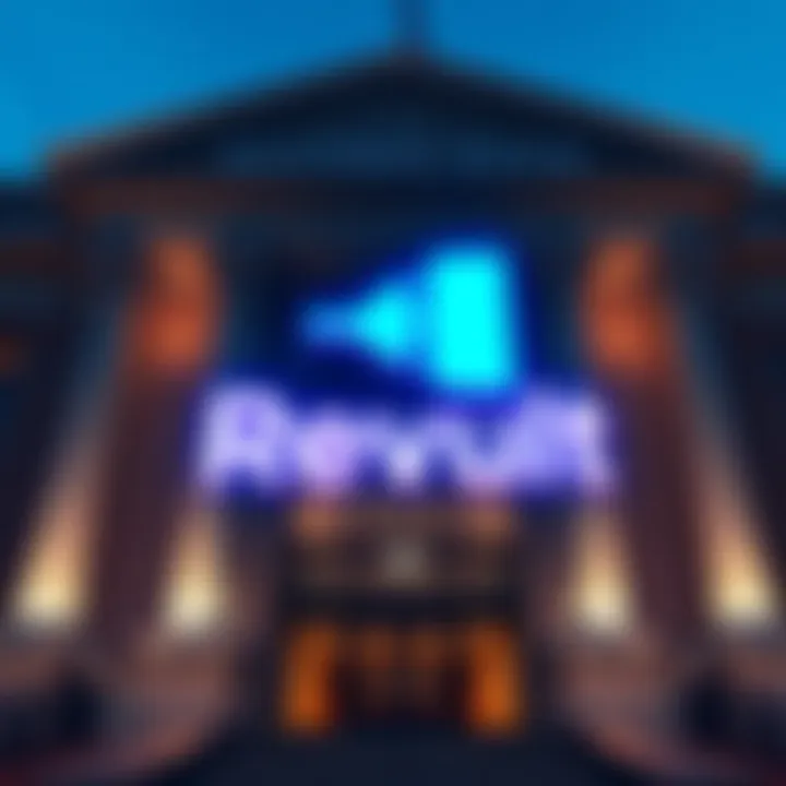A Revolut logo with a bank building in the background, representing its transition to a full bank in the UK.