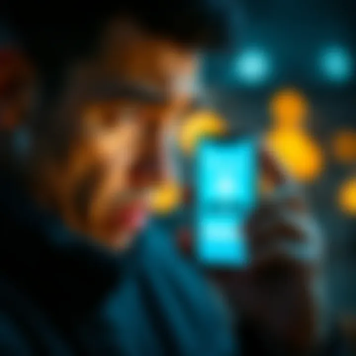 A worried person looking at a smartphone displaying the Revolut app with a bank icon, reflecting anxiety about security and support.
