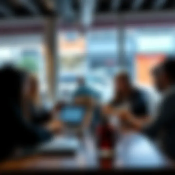 Revolut Banking Thoughts A group of people discussing their experiences with Revolut banking at a coffee shop, showing laptops and mobile devices with financial apps open.