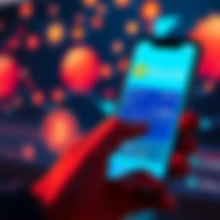 A person using a smartphone to check cryptocurrency investments on the Revolut app with digital currency icons in the background.