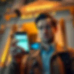 A frustrated Premium Revolut customer holding a phone displaying transaction details, with a backdrop of a bank building, symbolizing the struggle to recover withheld funds.