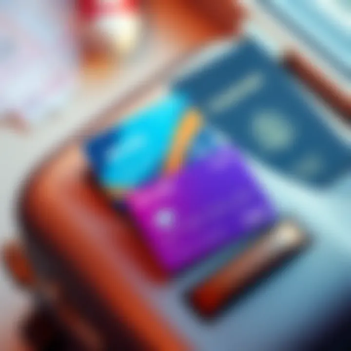 A Revolut card and a Monzo card placed on a travel suitcase, with a passport and airplane tickets nearby, representing holiday spending options.