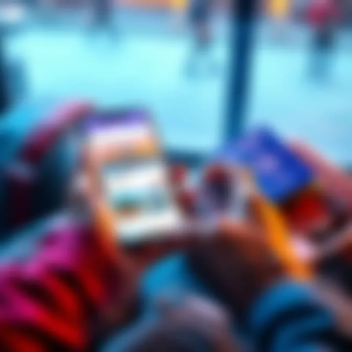 A person looking at flight and hotel options on a smartphone, surrounded by travel-related items like a suitcase and passport.
