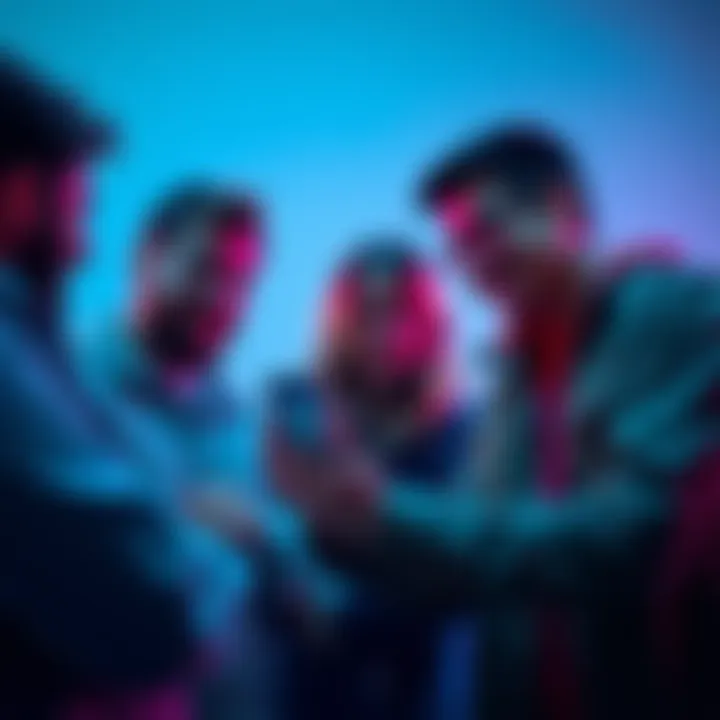 A group of friends discussing travel plans with a phone displaying the Revolut app, focusing on shared Pockets feature for foreign payments.