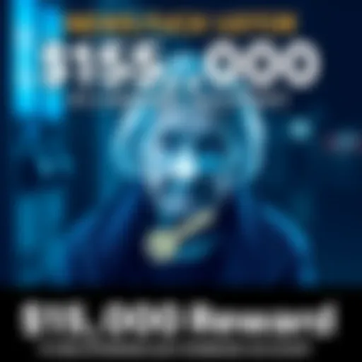 A poster offering a $15,000 reward to unlock a locked Coinbase account, featuring an elderly woman and a key graphic.