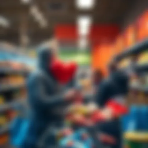 Richard Heart humorously interacts with shoppers at a grocery store checkout, surrounded by snacks and groceries.