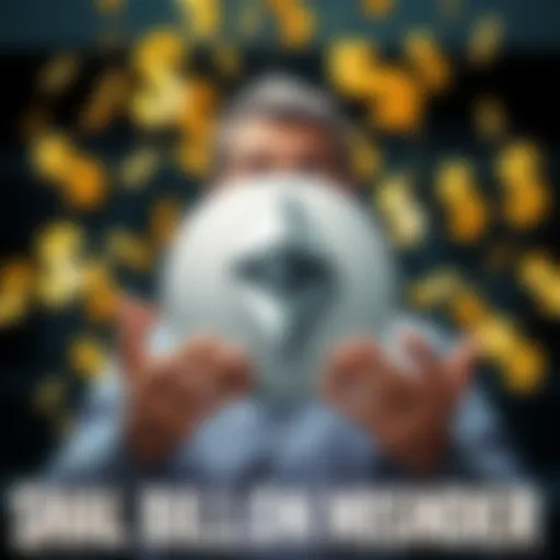 A man looking shocked while holding a large Ethereum symbol, surrounded by falling dollar signs, representing a failed investment decision