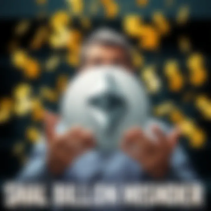 A man looking shocked while holding a large Ethereum symbol, surrounded by falling dollar signs, representing a failed investment decision