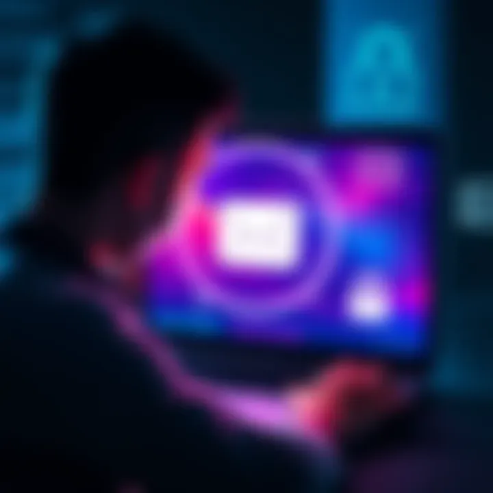 A person looking at a laptop with Ring email notifications on the screen, surrounded by privacy symbols